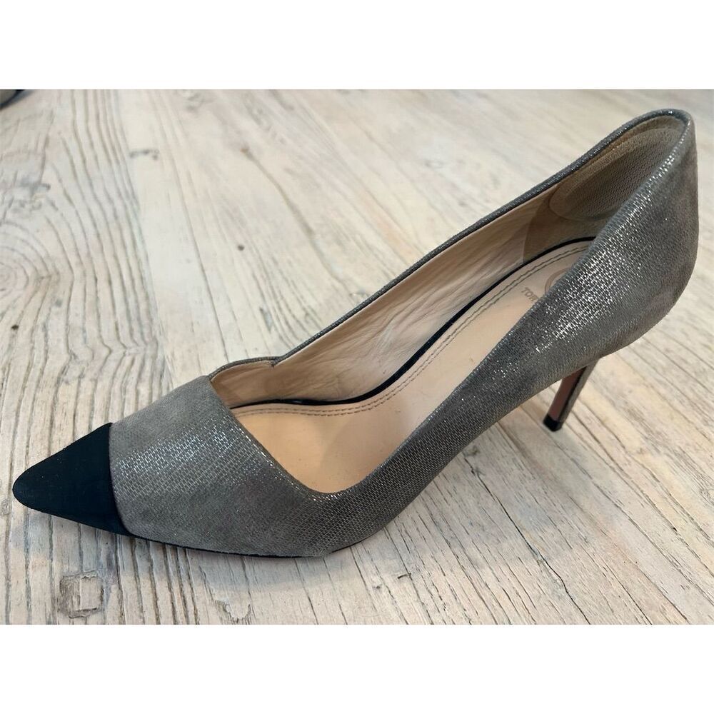 Tory Burch Shaila Heel Women's Pumps Gray Silver Black Cap Toe Size 9.5 - Picture 3 of 16